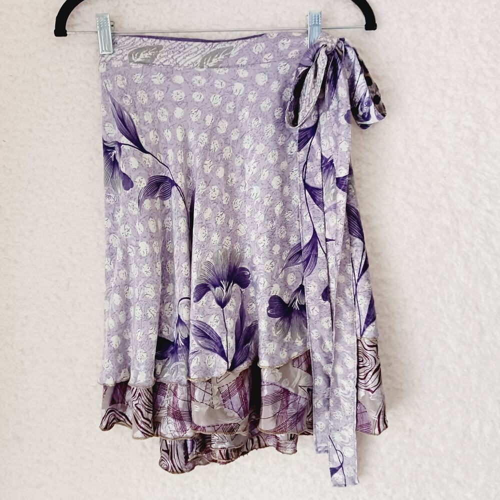 Skirt Mini Sari Silk Wrap Darn Good Yarn Purple White Ruffles Tiered Size 4-12